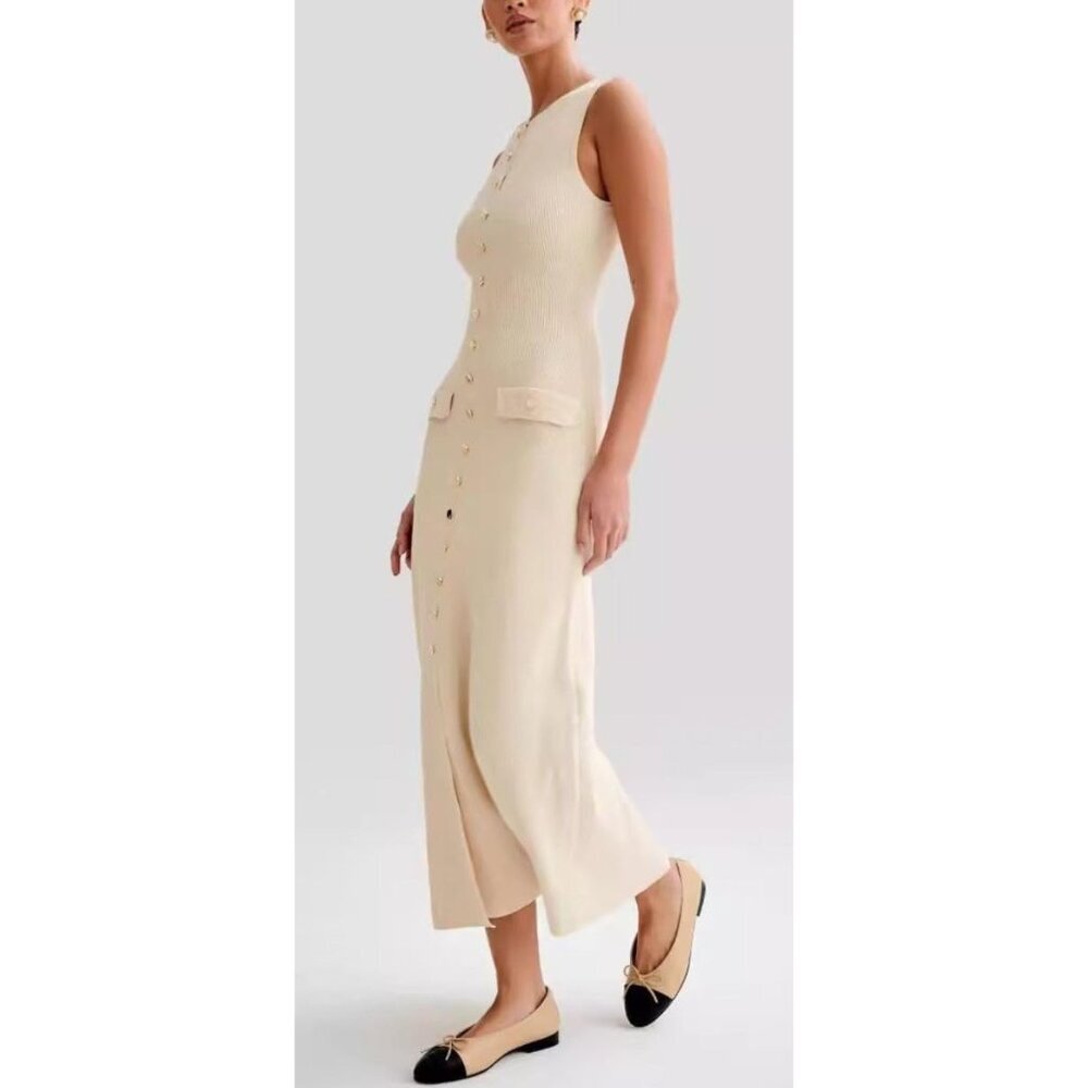 Women's Knit Maxi Dress Sleeveless Slim Fit Crew Neck Slit Bodycon Plus Size - Picture 3 of 6